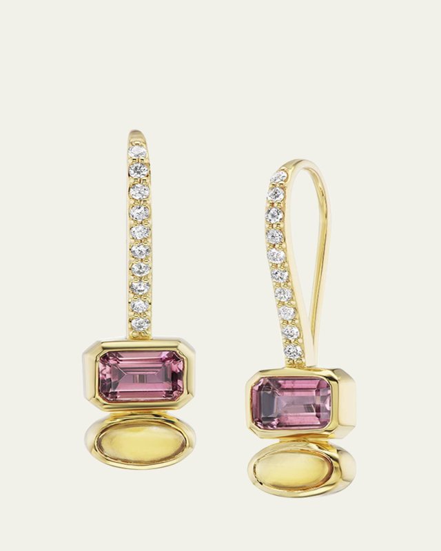 14K Yellow Gold Pink Tourmaline and Citrine Two Stone Drop Earrings on French Hooks